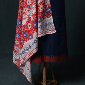 Blue - Jacquard Woven 2pc Cotton Unstitched Dress Material Kurta Set with Jewellery 09