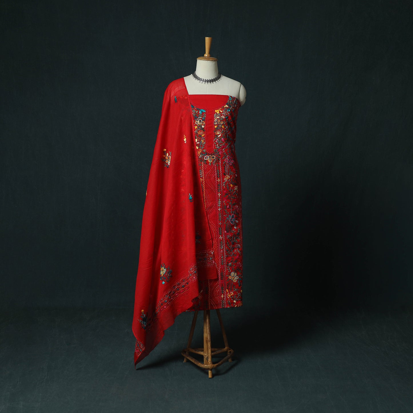 Red - Hand Embroidered Cotton 3pc Unstitched Dress Material 63