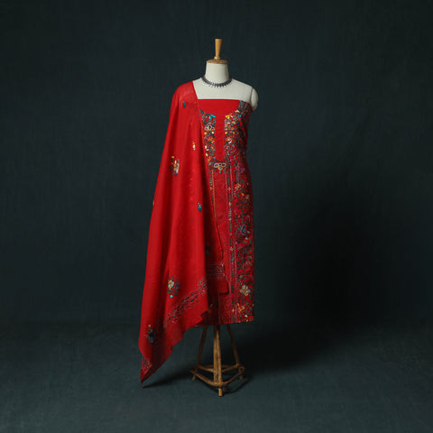 Red - Hand Embroidered Cotton 3pc Unstitched Dress Material 63
