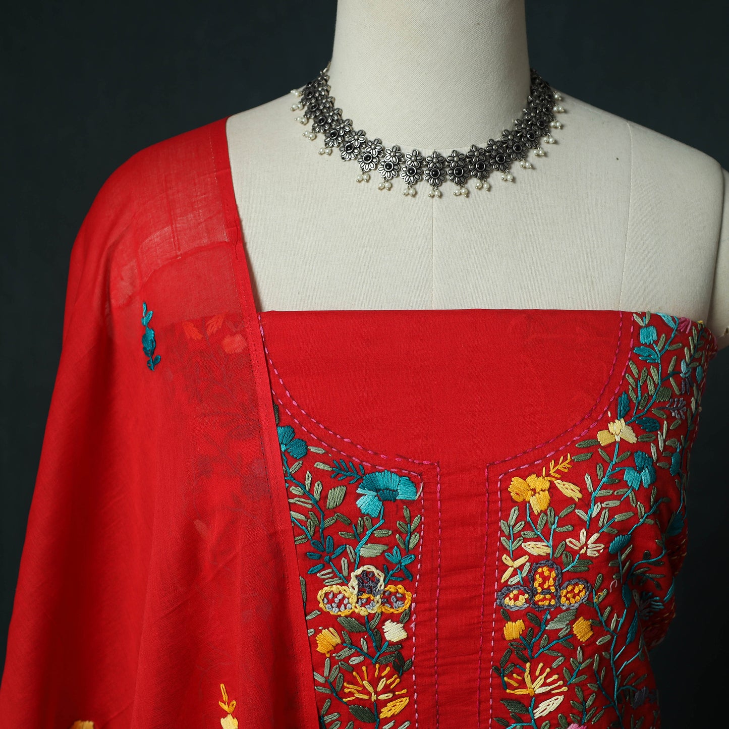 Red - Hand Embroidered Cotton 3pc Unstitched Dress Material 63
