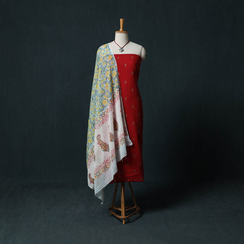 Red - Jacquard Woven 2pc Cotton Unstitched Dress Material Kurta Set with Jewellery 11