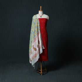 Red - Jacquard Woven 2pc Cotton Unstitched Dress Material Kurta Set with Jewellery 11
