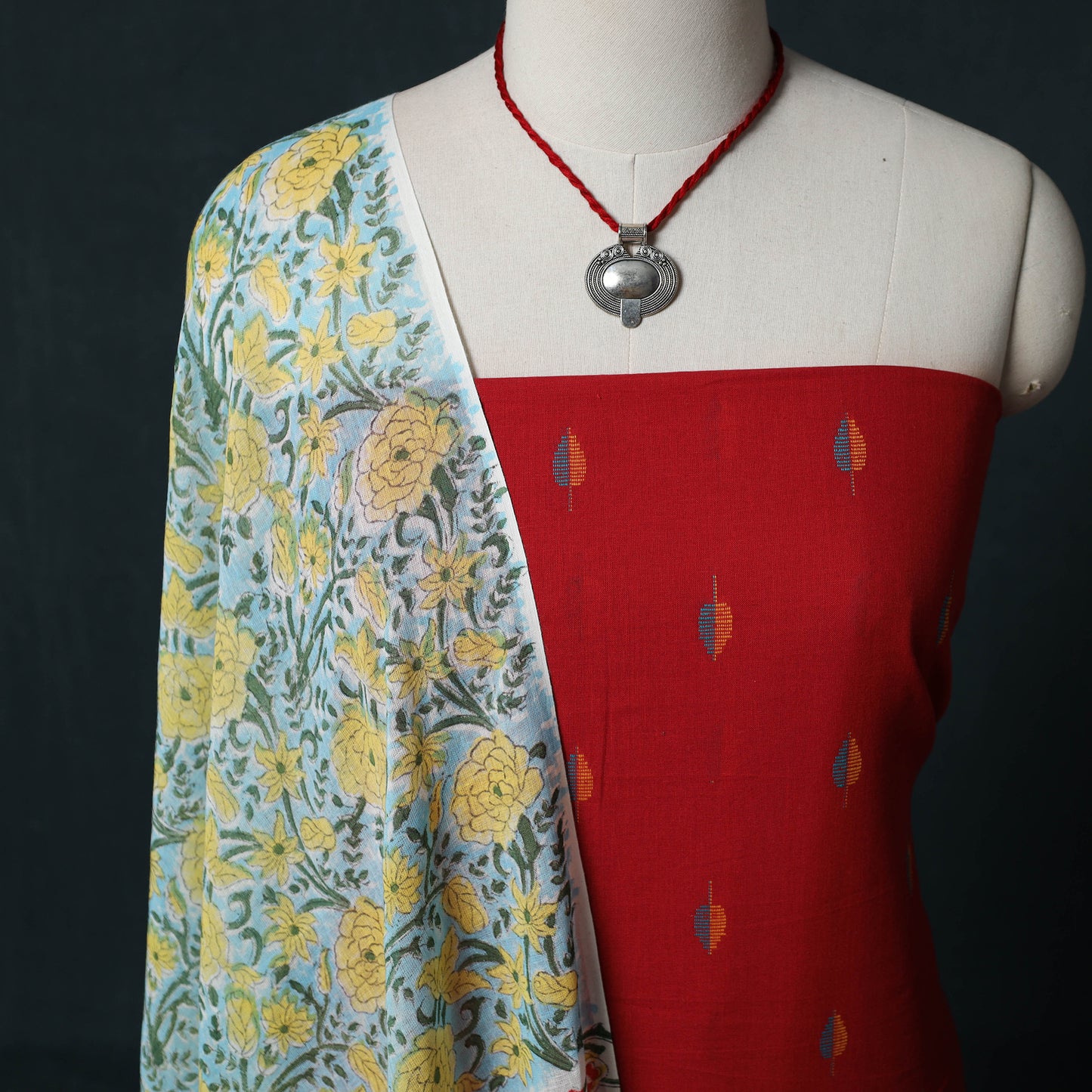 Red - Jacquard Woven 2pc Cotton Unstitched Dress Material Kurta Set with Jewellery 11