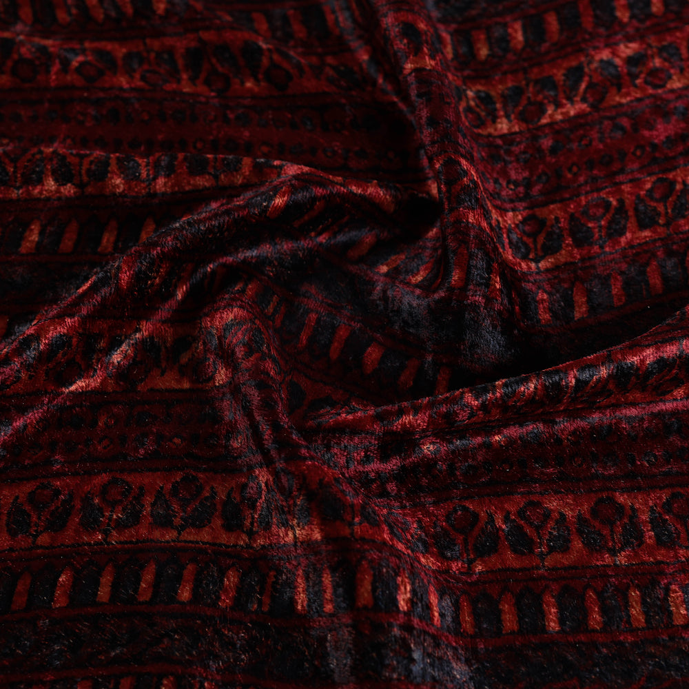 Red - Block Printed Velvet Natural Dyed Ajrakh Fabric 01