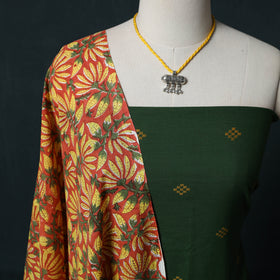 Green - Jacquard Woven 2pc Cotton Unstitched Dress Material Kurta Set with Jewellery 12