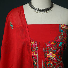 Red - Hand Embroidered Cotton 3pc Unstitched Dress Material 65
