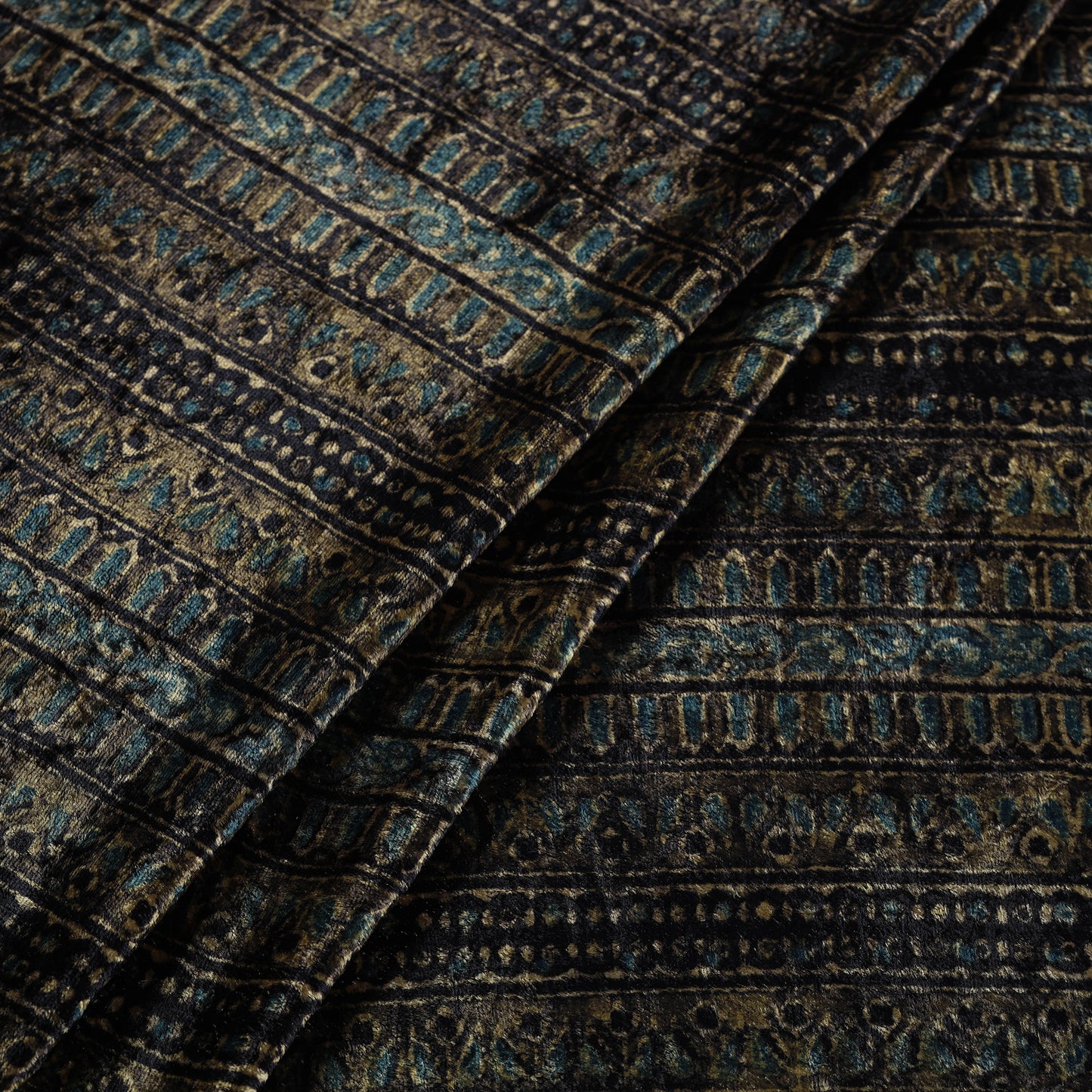 Black - Block Printed Velvet Natural Dyed Ajrakh Fabric 03