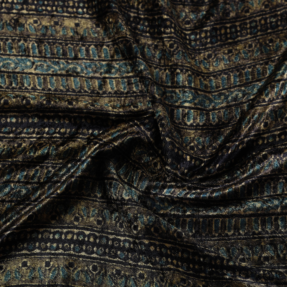 Black - Block Printed Velvet Natural Dyed Ajrakh Fabric 03