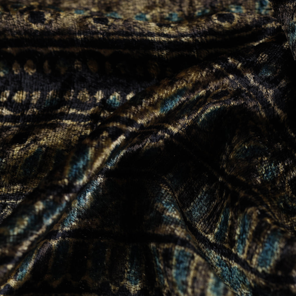 Black - Block Printed Velvet Natural Dyed Ajrakh Fabric 03