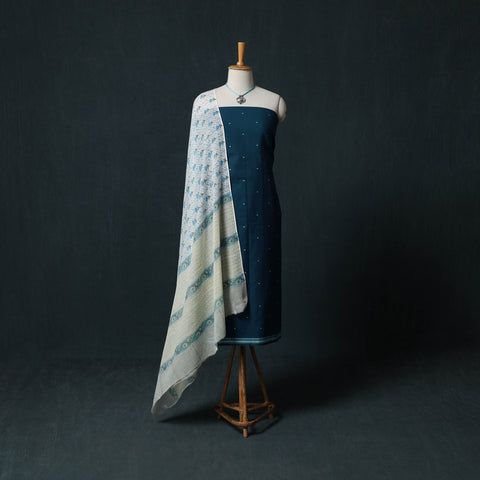 Blue - Jacquard Woven 2pc Cotton Unstitched Dress Material Kurta Set with Jewellery 13