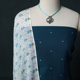 Blue - Jacquard Woven 2pc Cotton Unstitched Dress Material Kurta Set with Jewellery 13