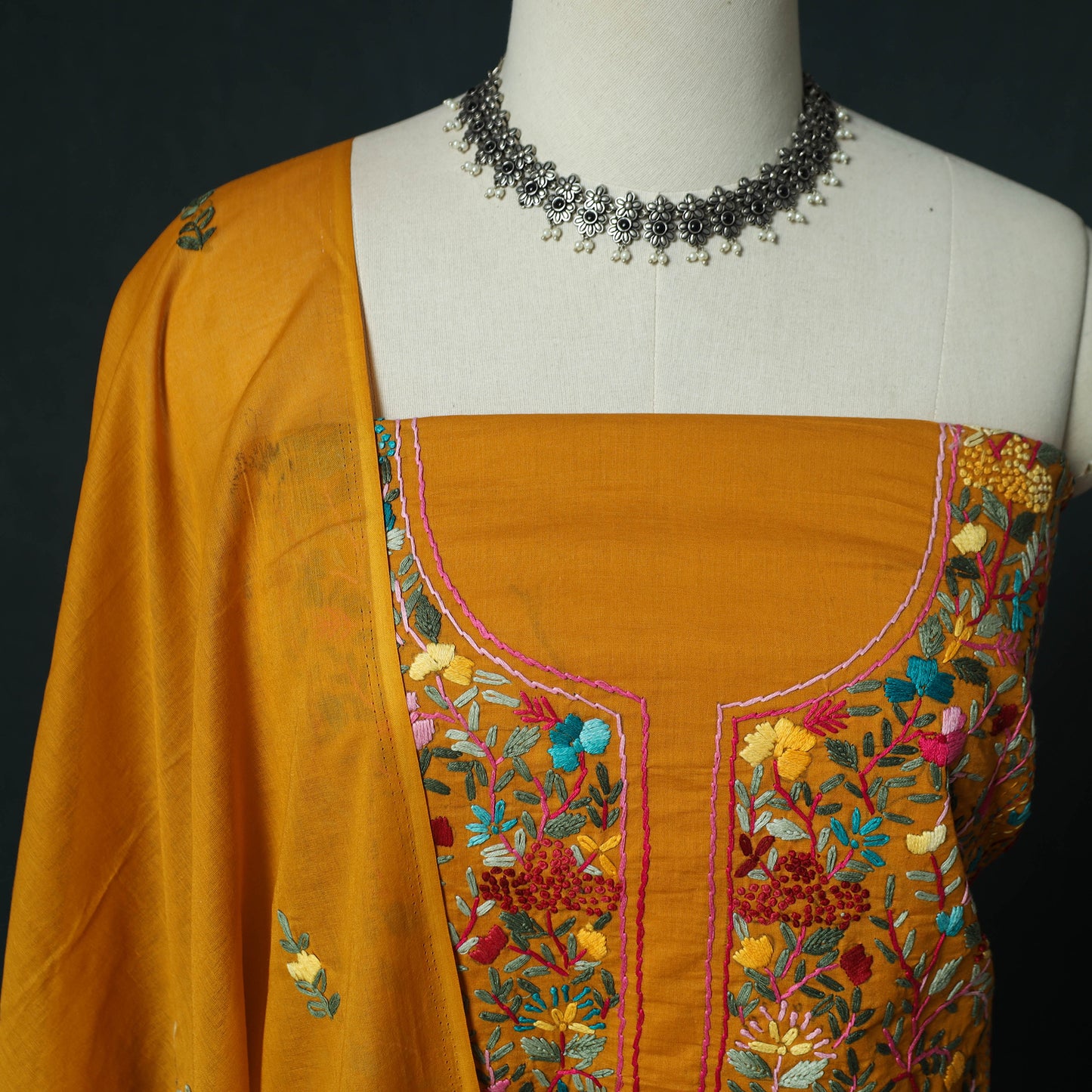 Orange - Hand Embroidered Cotton 3pc Unstitched Dress Material 66