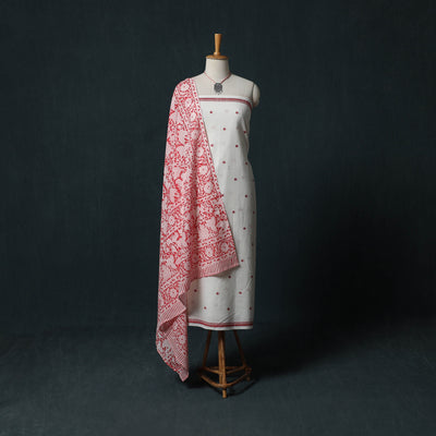 White - Jacquard Woven 2pc Cotton Unstitched Dress Material Kurta Set with Jewellery 14