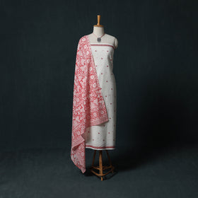 White - Jacquard Woven 2pc Cotton Unstitched Dress Material Kurta Set with Jewellery 14