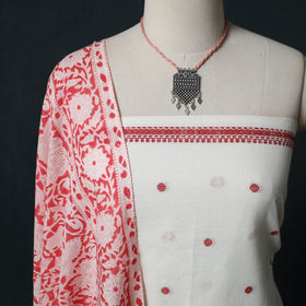 White - Jacquard Woven 2pc Cotton Unstitched Dress Material Kurta Set with Jewellery 14