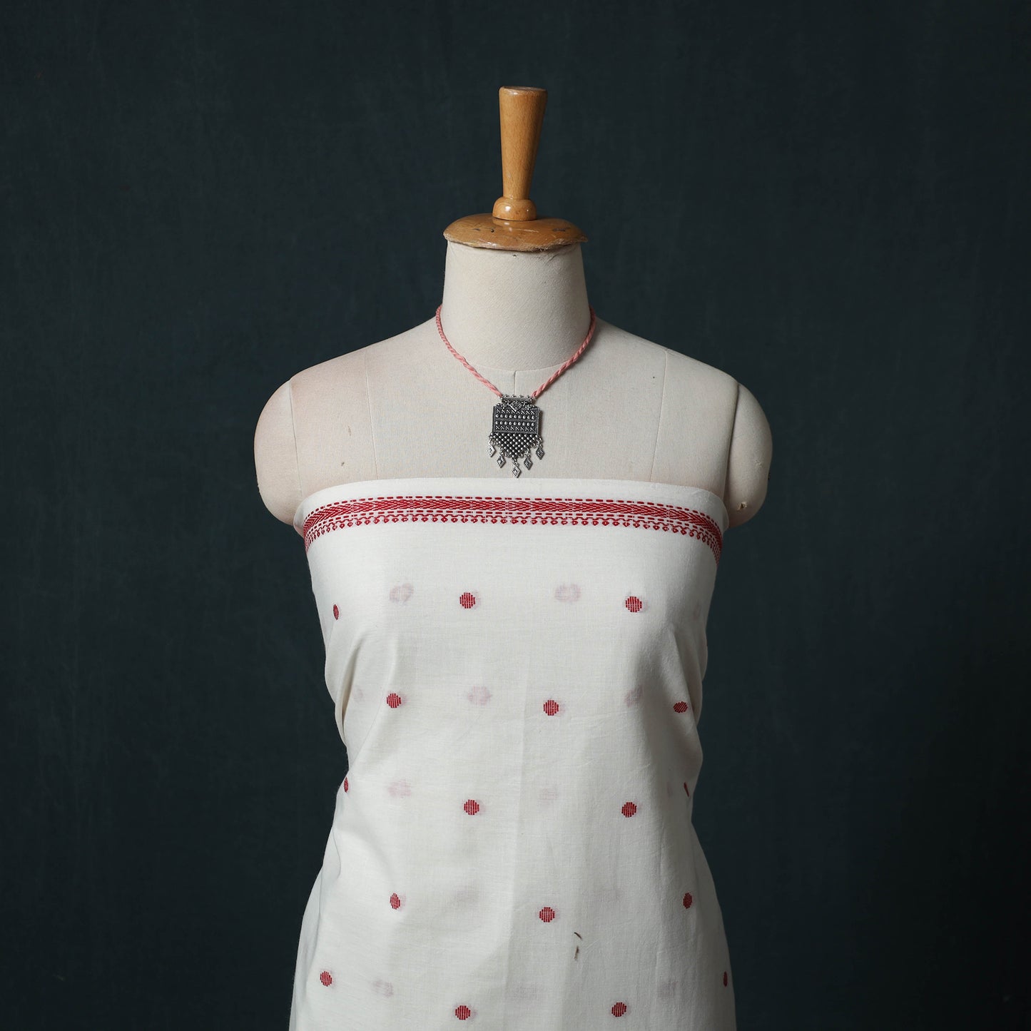 White - Jacquard Woven 2pc Cotton Unstitched Dress Material Kurta Set with Jewellery 14