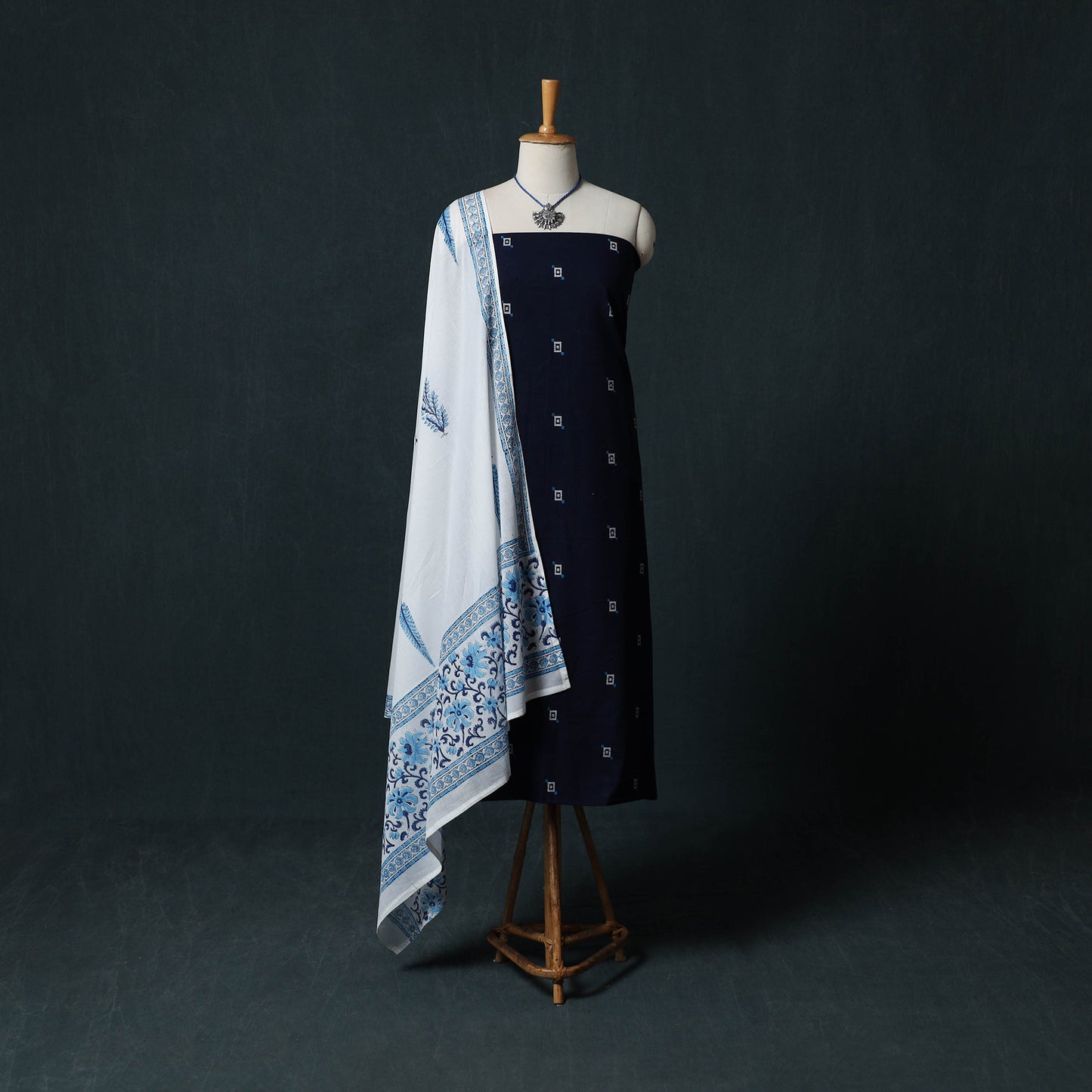 Blue - Jacquard Woven 2pc Cotton Unstitched Dress Material Kurta Set with Jewellery 15