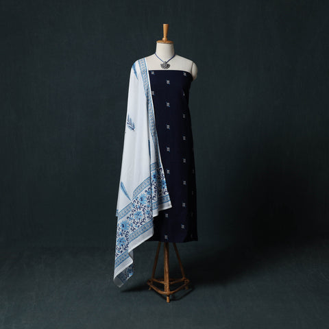 Blue - Jacquard Woven 2pc Cotton Unstitched Dress Material Kurta Set with Jewellery 15