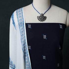 Blue - Jacquard Woven 2pc Cotton Unstitched Dress Material Kurta Set with Jewellery 15