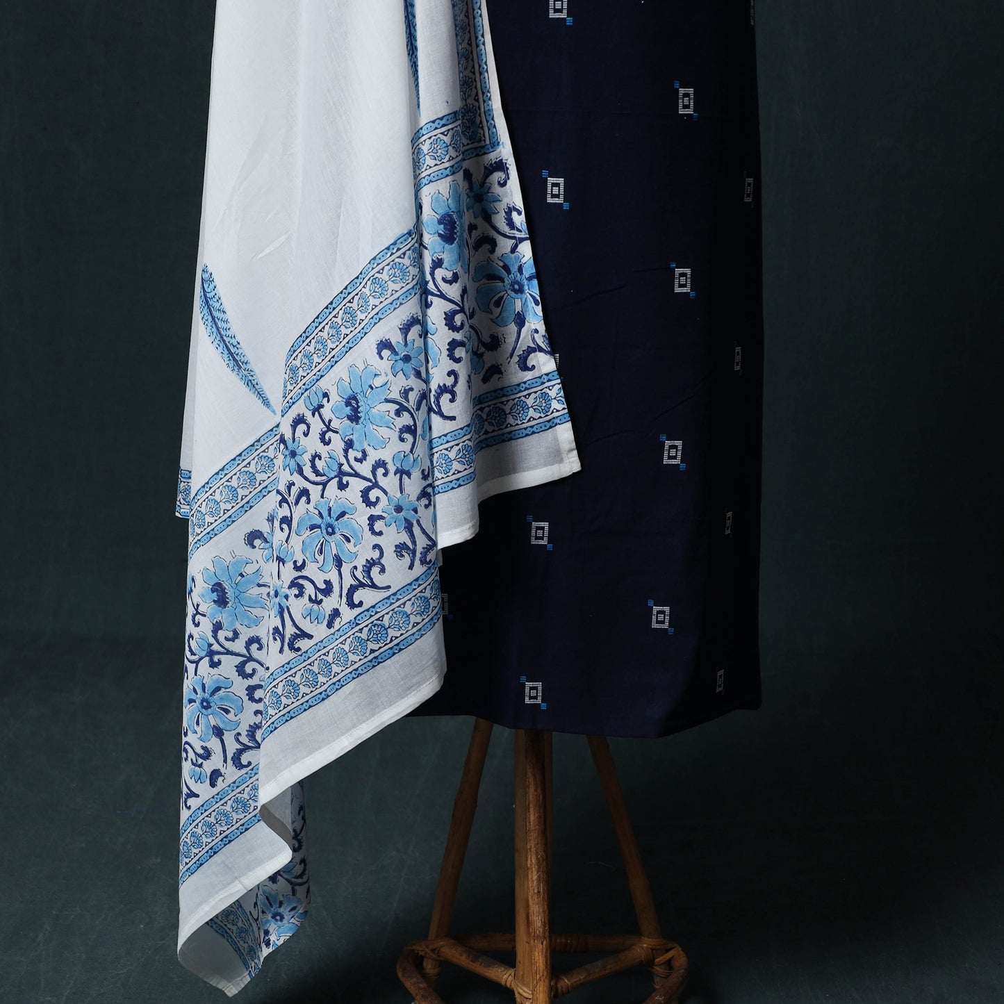 Blue - Jacquard Woven 2pc Cotton Unstitched Dress Material Kurta Set with Jewellery 15
