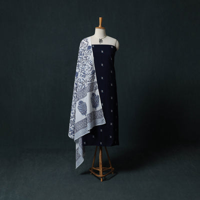 Blue - Jacquard Woven 2pc Cotton Unstitched Dress Material Kurta Set with Jewellery 16