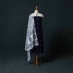 Blue - Jacquard Woven 2pc Cotton Unstitched Dress Material Kurta Set with Jewellery 16