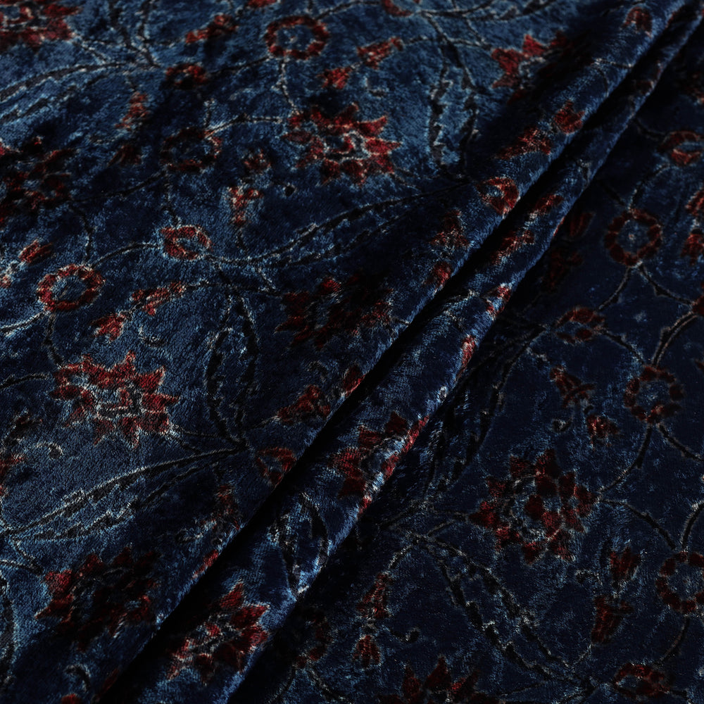 Blue - Block Printed Velvet Natural Dyed Ajrakh Fabric 07