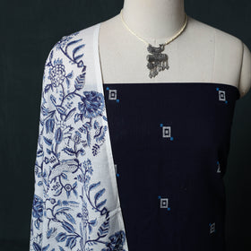 Blue - Jacquard Woven 2pc Cotton Unstitched Dress Material Kurta Set with Jewellery 16