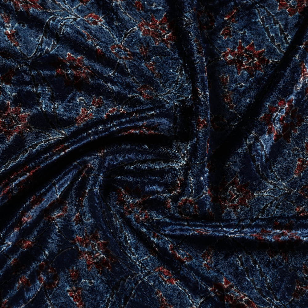 Blue - Block Printed Velvet Natural Dyed Ajrakh Fabric 07