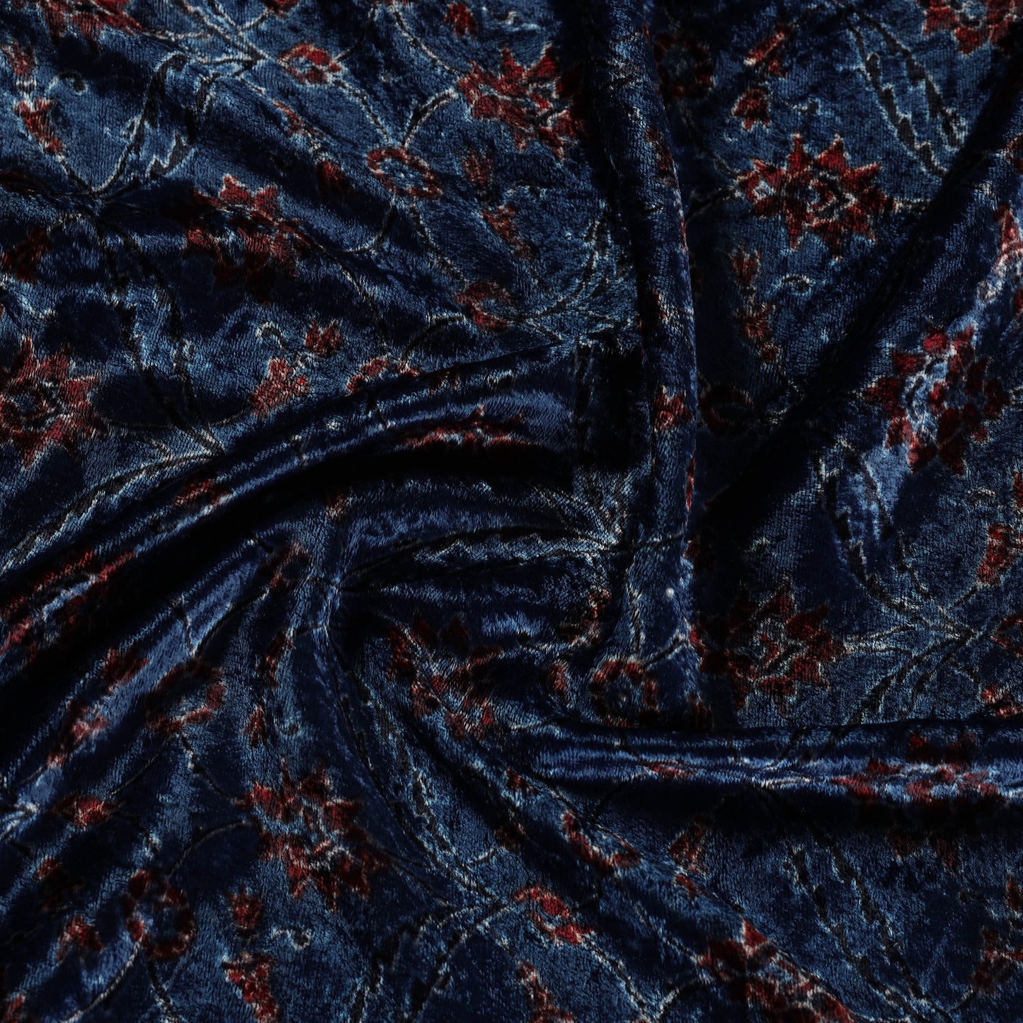 Blue - Block Printed Velvet Natural Dyed Ajrakh Fabric 07