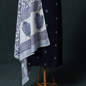 Blue - Jacquard Woven 2pc Cotton Unstitched Dress Material Kurta Set with Jewellery 16