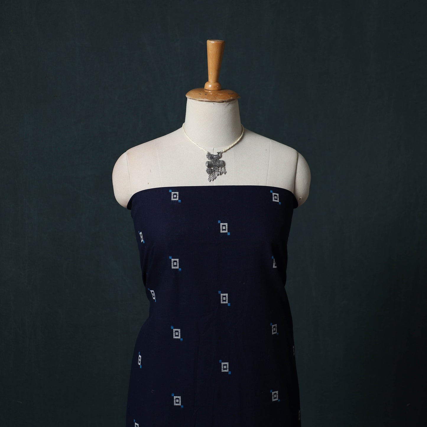 Blue - Jacquard Woven 2pc Cotton Unstitched Dress Material Kurta Set with Jewellery 16