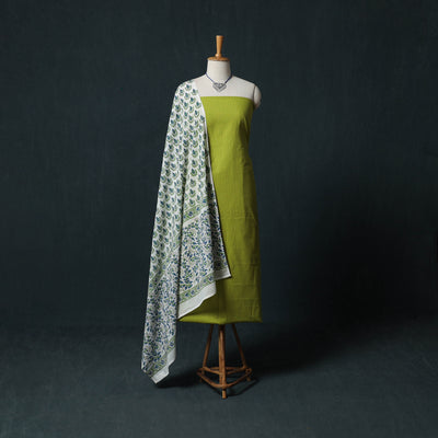Green - Jacquard Woven 2pc Cotton Unstitched Dress Material Kurta Set with Jewellery 17