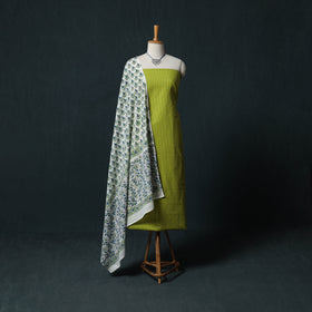 Green - Jacquard Woven 2pc Cotton Unstitched Dress Material Kurta Set with Jewellery 17