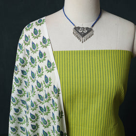 Green - Jacquard Woven 2pc Cotton Unstitched Dress Material Kurta Set with Jewellery 17