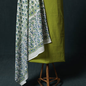Green - Jacquard Woven 2pc Cotton Unstitched Dress Material Kurta Set with Jewellery 17