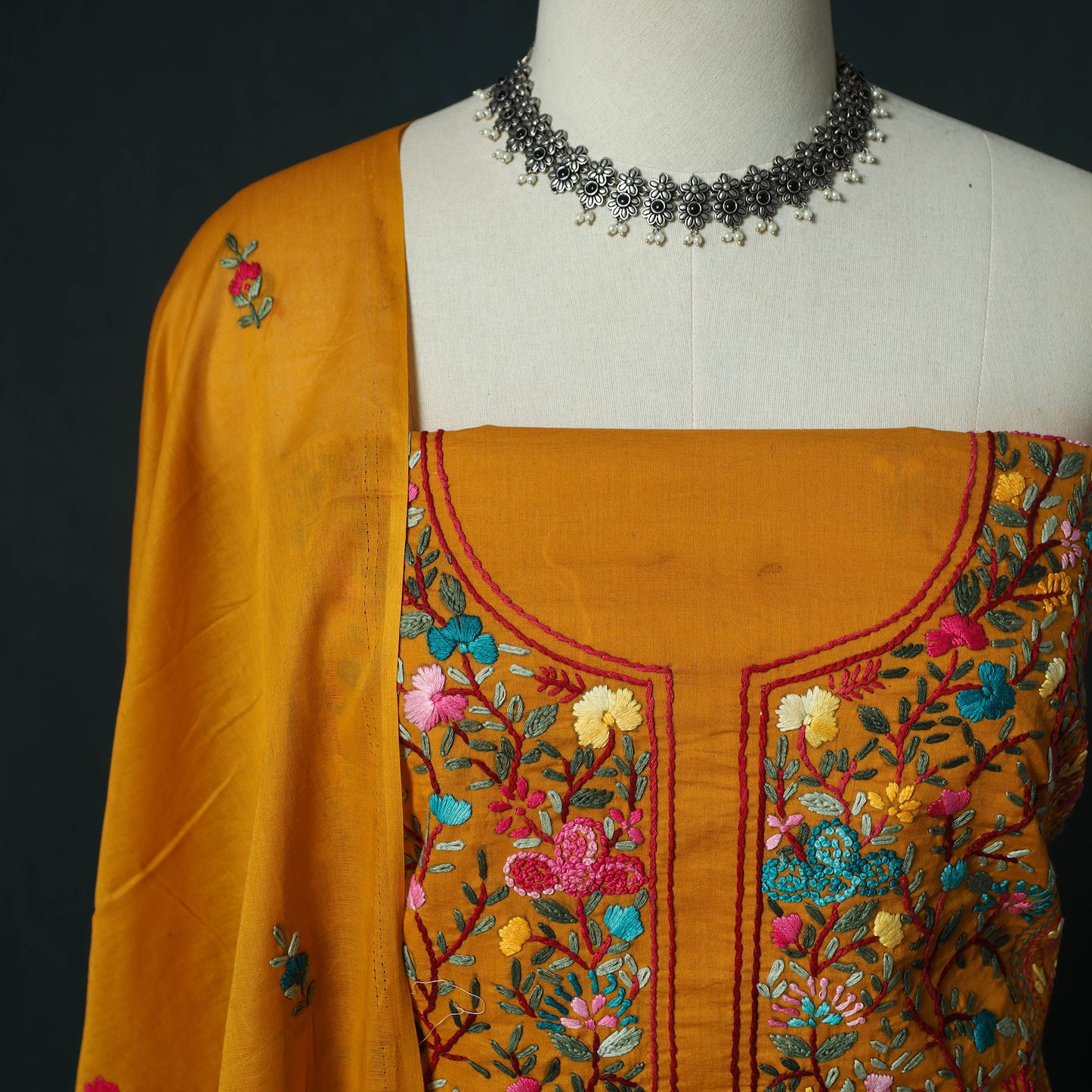 Orange - Hand Embroidered Cotton 3pc Unstitched Dress Material 69