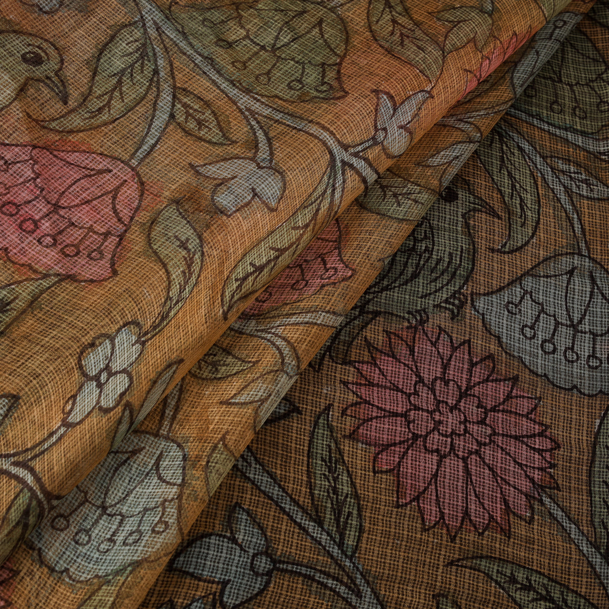 Handpainted Srikalahasti Pen Work Natural Dyed Kalamkari Kota Doria Silk Fabric 01