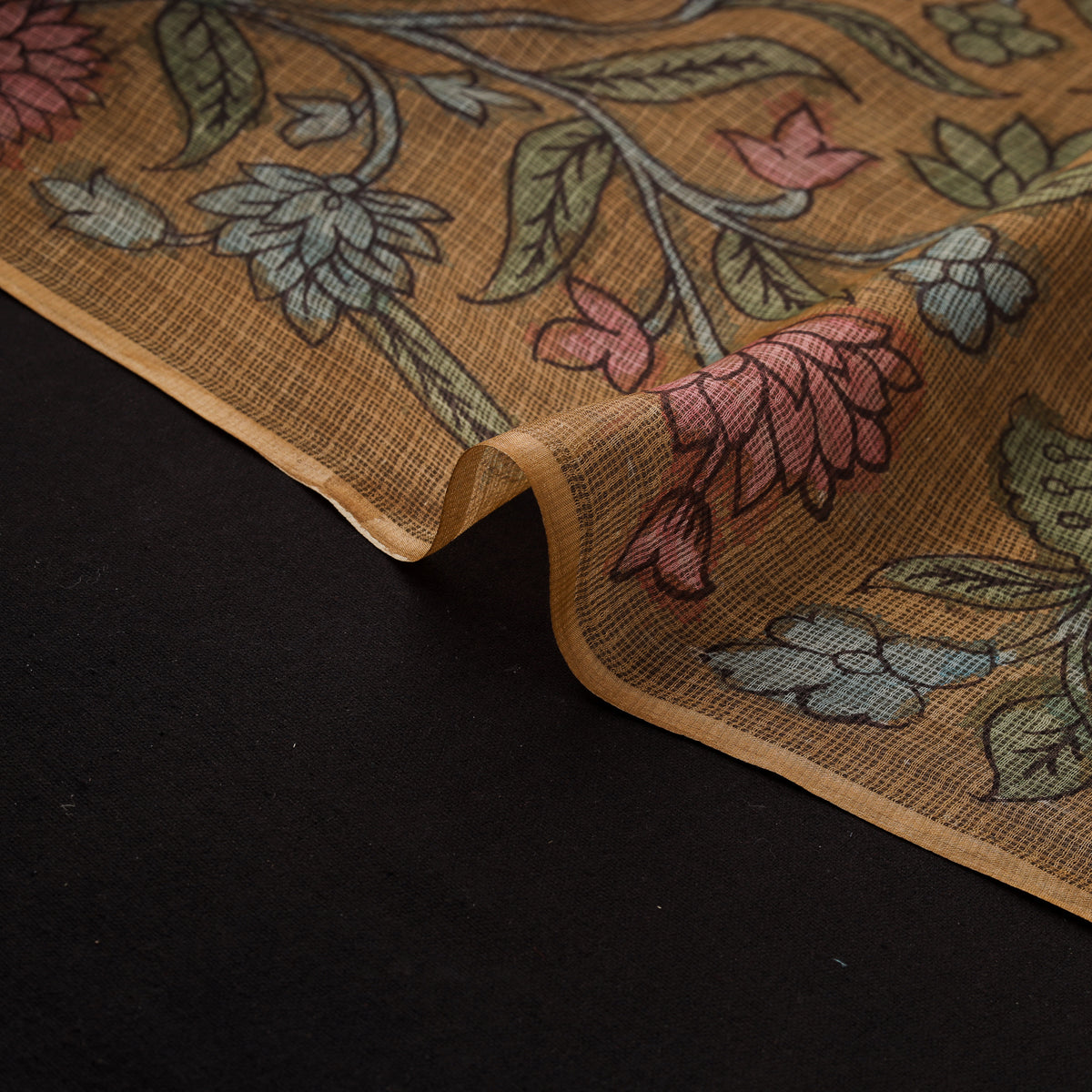 Handpainted Srikalahasti Pen Work Natural Dyed Kalamkari Kota Doria Silk Fabric 01