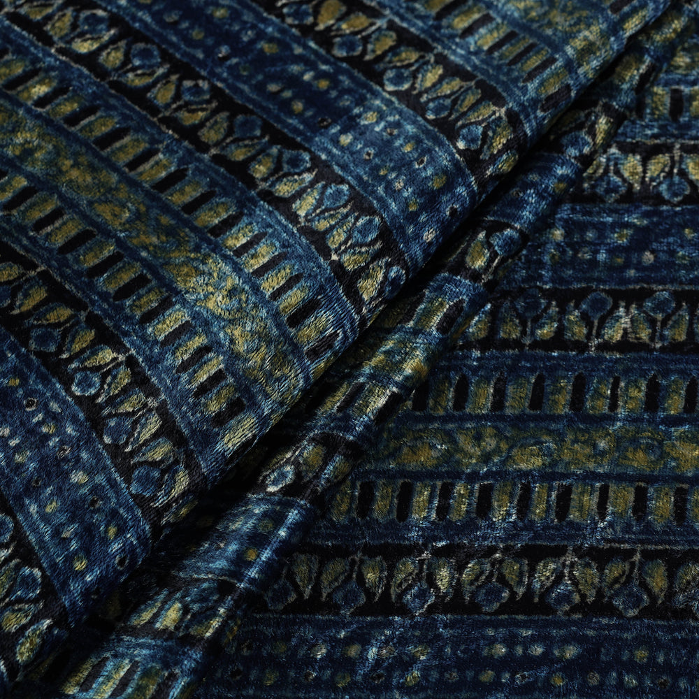 Multicolor - Block Printed Velvet Natural Dyed Ajrakh Fabric 10