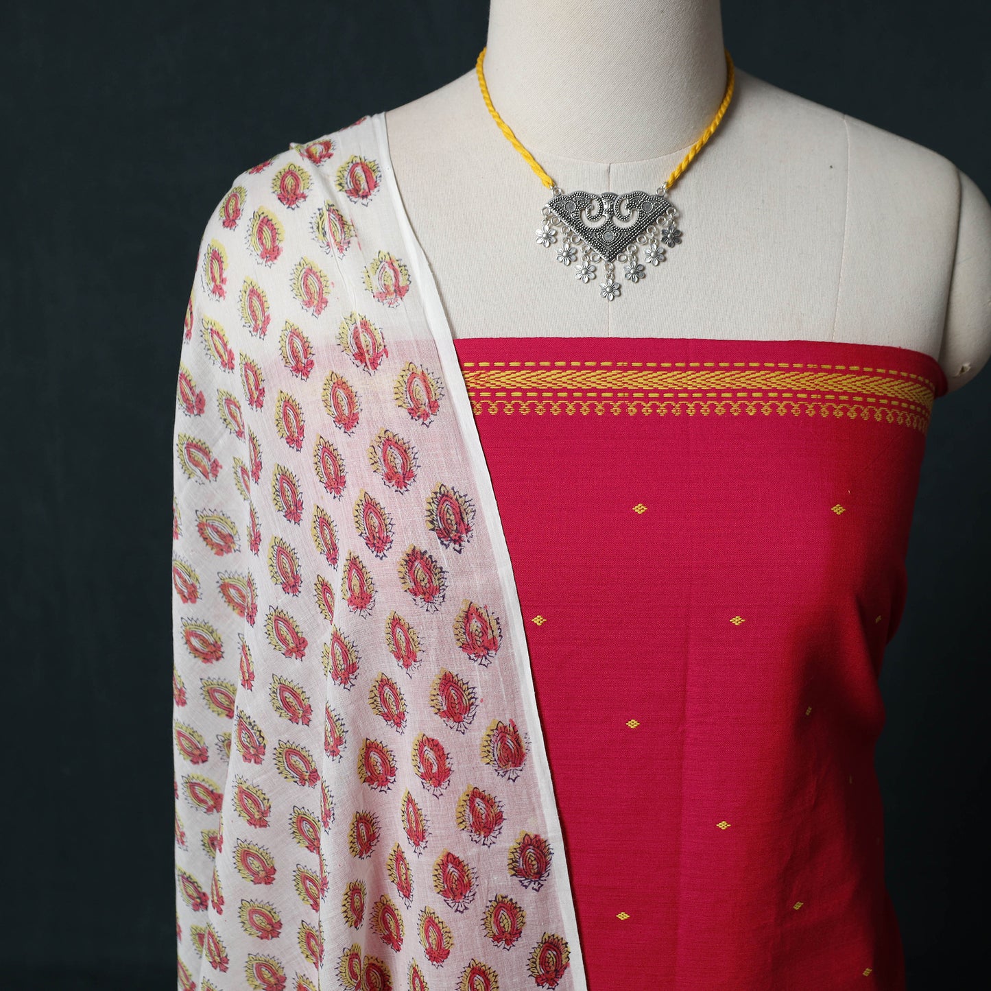 Pink - Jacquard Woven 2pc Cotton Unstitched Dress Material Kurta Set with Jewellery 18