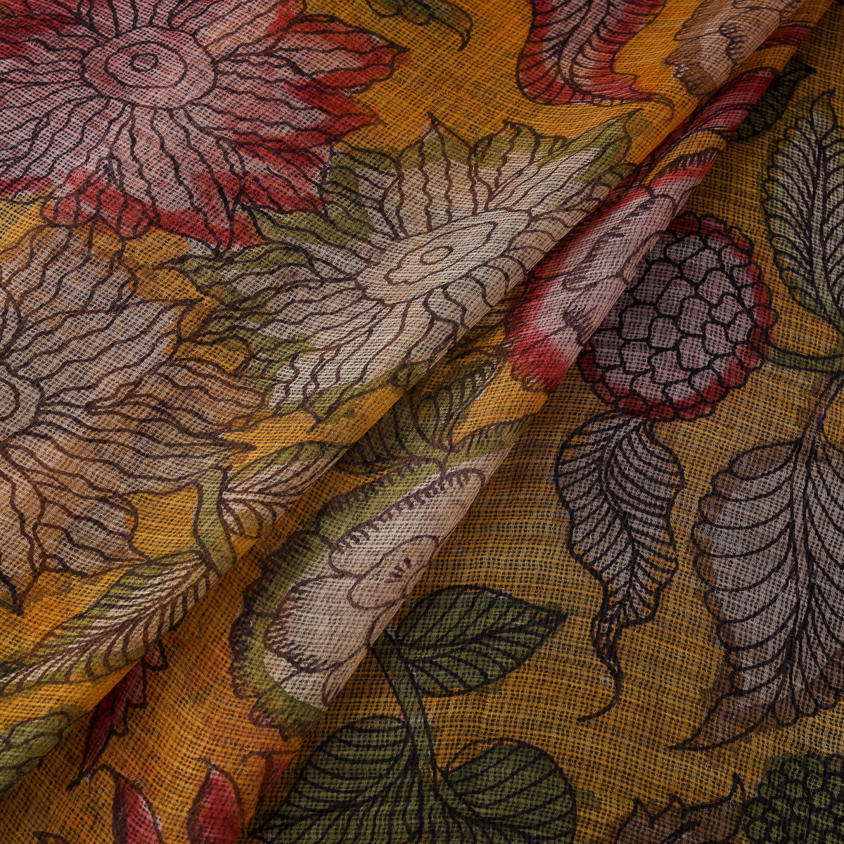 Handpainted Srikalahasti Pen Work Natural Dyed Kalamkari Kota Doria Silk Fabric 07