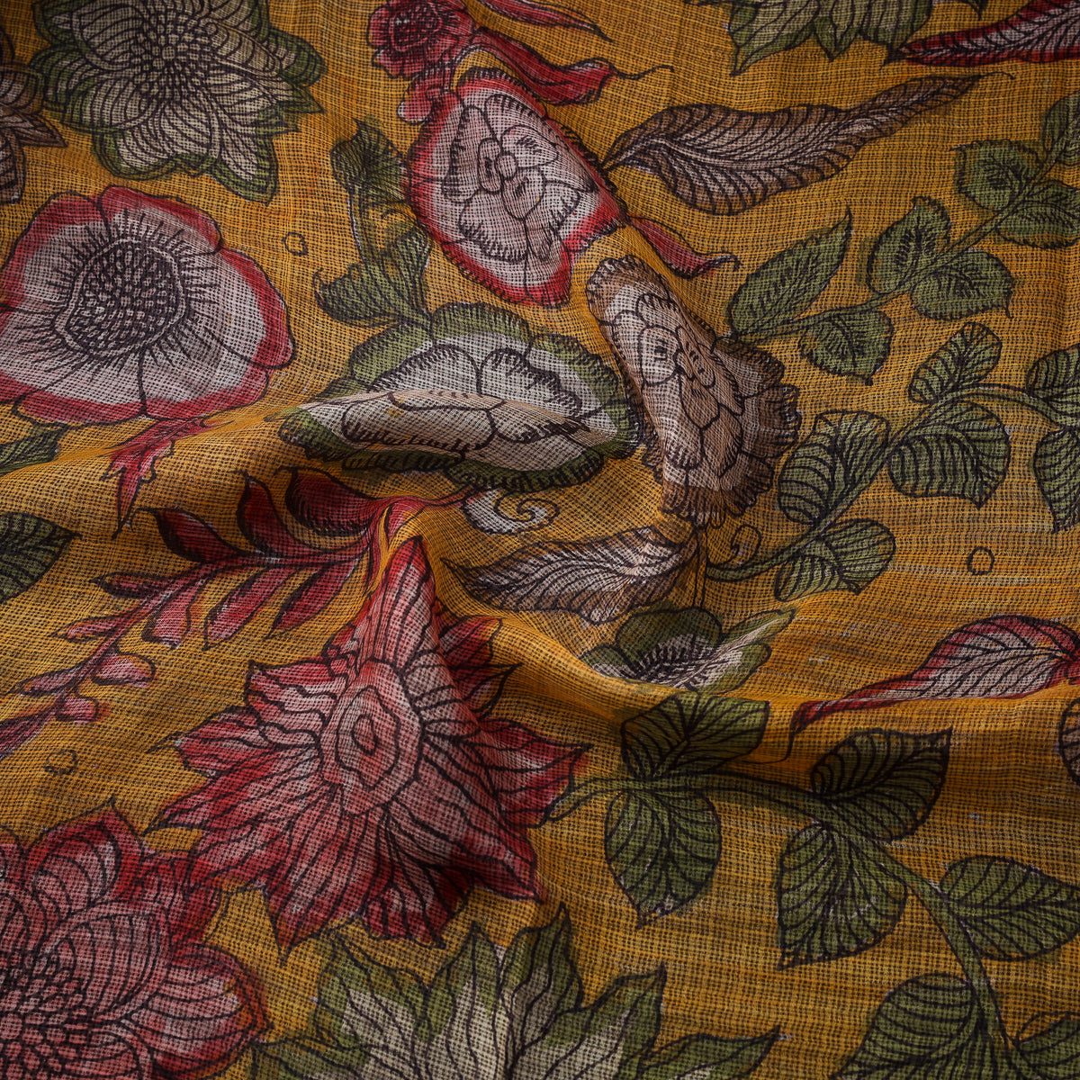 Handpainted Srikalahasti Pen Work Natural Dyed Kalamkari Kota Doria Silk Fabric 07