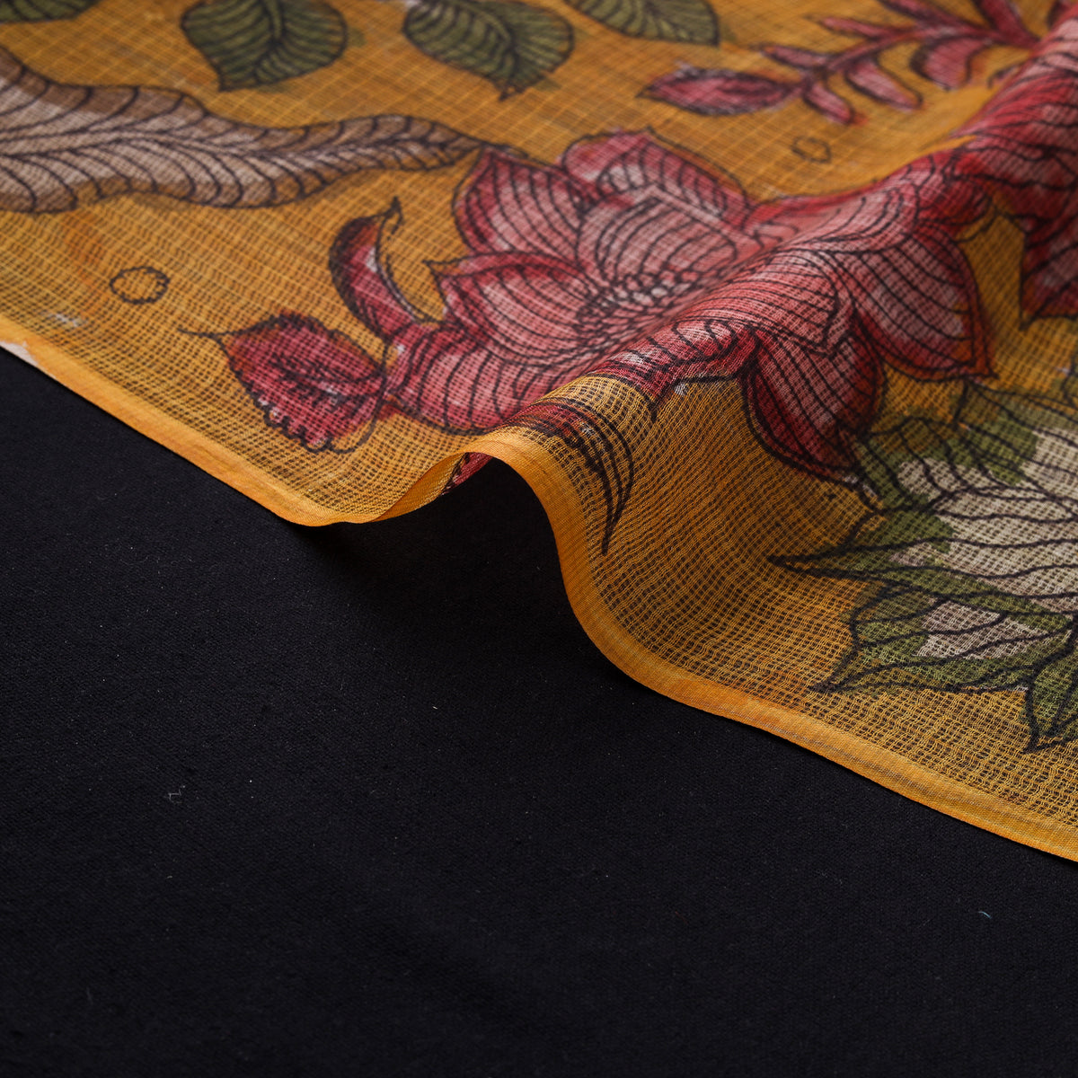 Handpainted Srikalahasti Pen Work Natural Dyed Kalamkari Kota Doria Silk Fabric 07