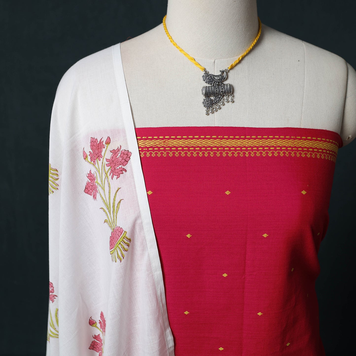 Pink - Jacquard Woven 2pc Cotton Unstitched Dress Material Kurta Set with Jewellery 19