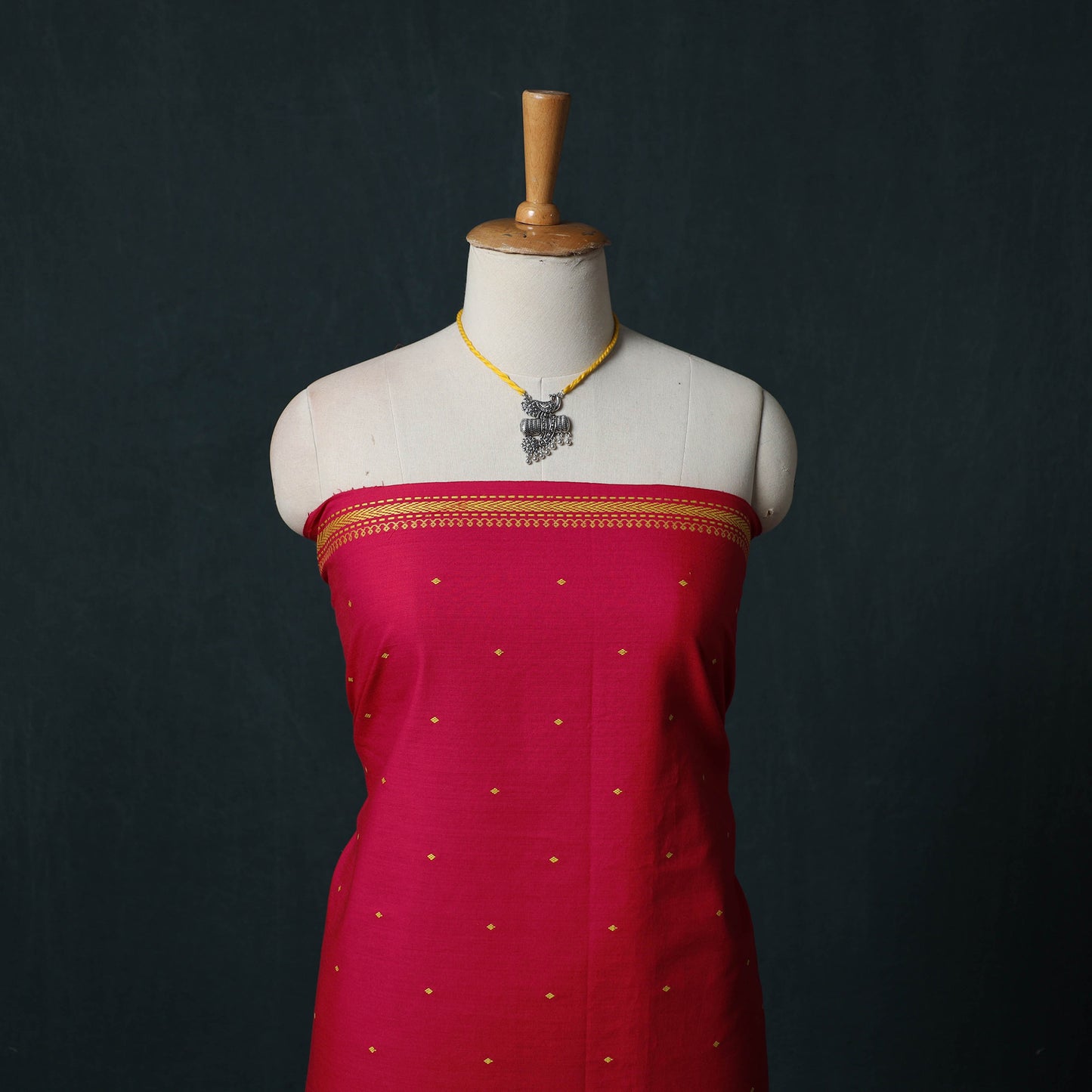 Pink - Jacquard Woven 2pc Cotton Unstitched Dress Material Kurta Set with Jewellery 19