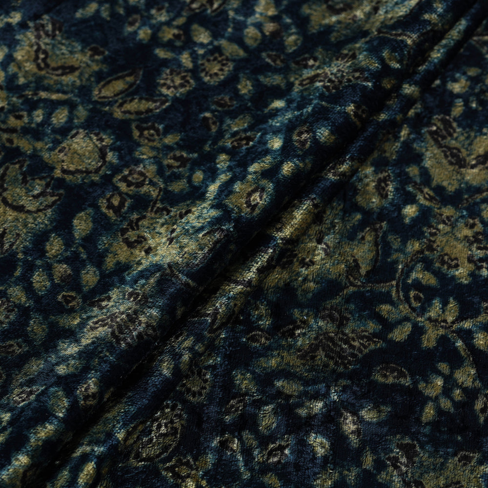 Blue - Block Printed Velvet Natural Dyed Ajrakh Fabric 12