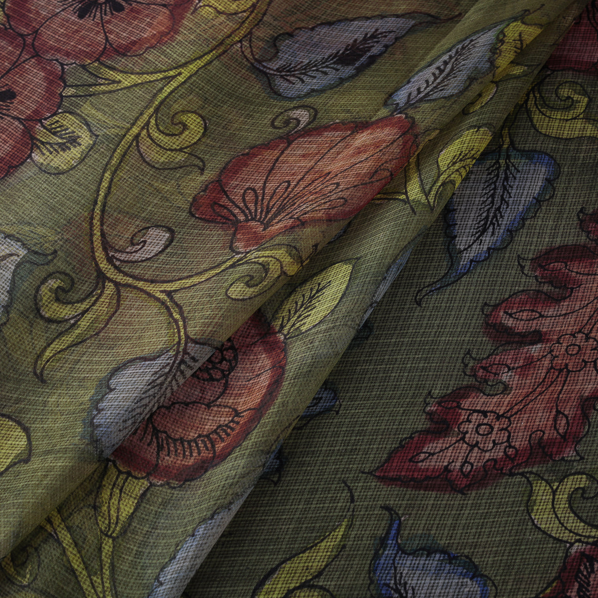 Handpainted Srikalahasti Pen Work Natural Dyed Kalamkari Kota Doria Silk Fabric 03
