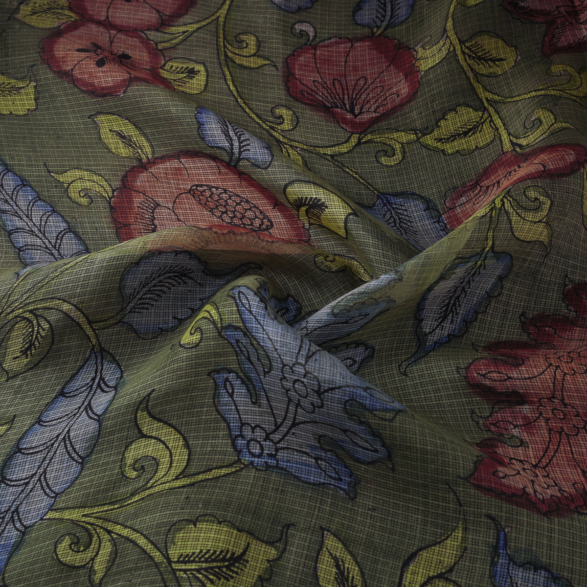 Handpainted Srikalahasti Pen Work Natural Dyed Kalamkari Kota Doria Silk Fabric 03