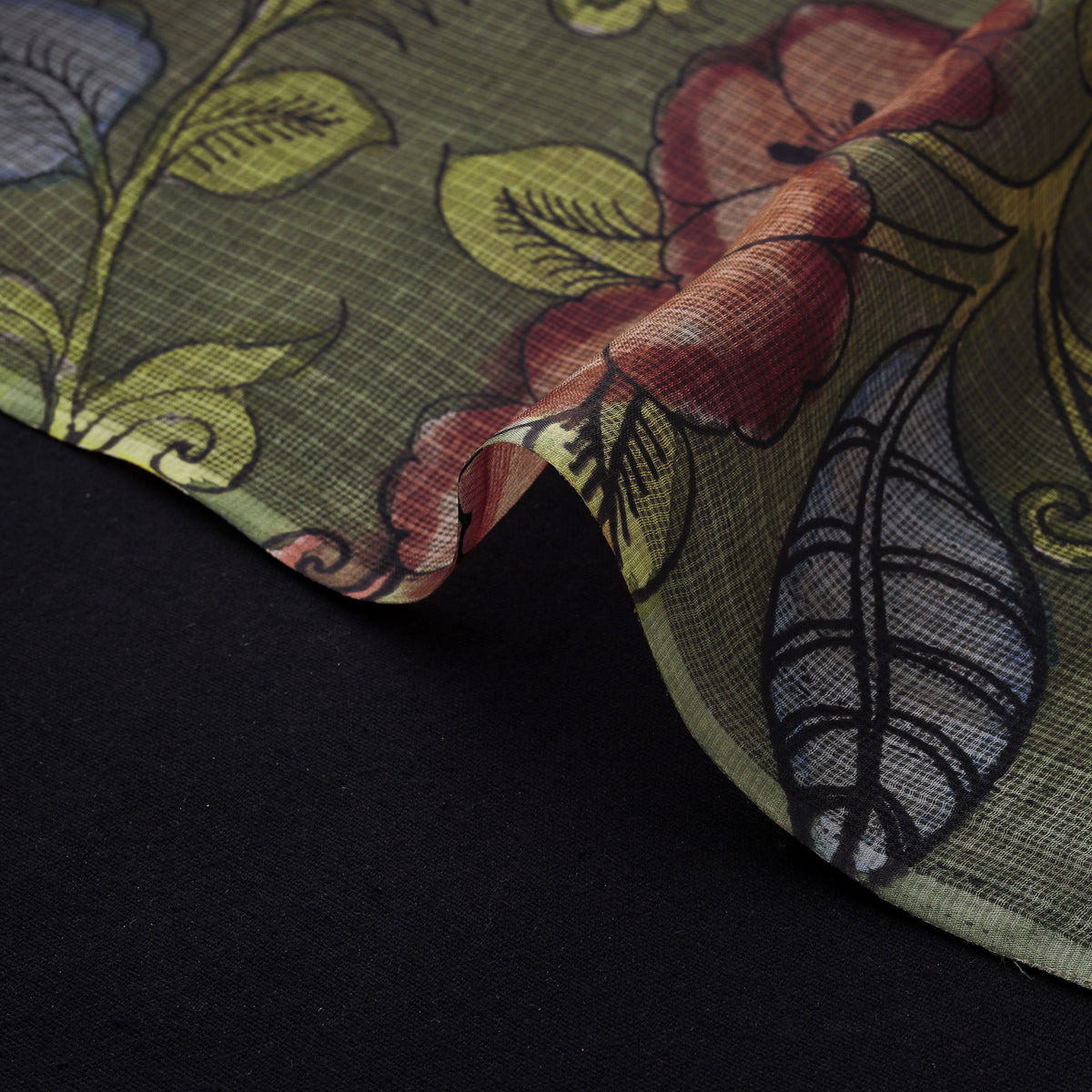 Handpainted Srikalahasti Pen Work Natural Dyed Kalamkari Kota Doria Silk Fabric 03